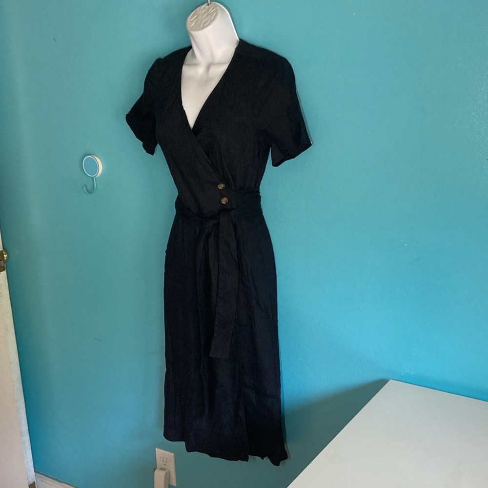 Alp n Rock XS Linen Blend Midi Length Wrap Dress with Buttons Dark Gray/ Black